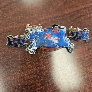 Vintage Rare Retro Enamel Cow Brooch and Earring Set by Cloisonne